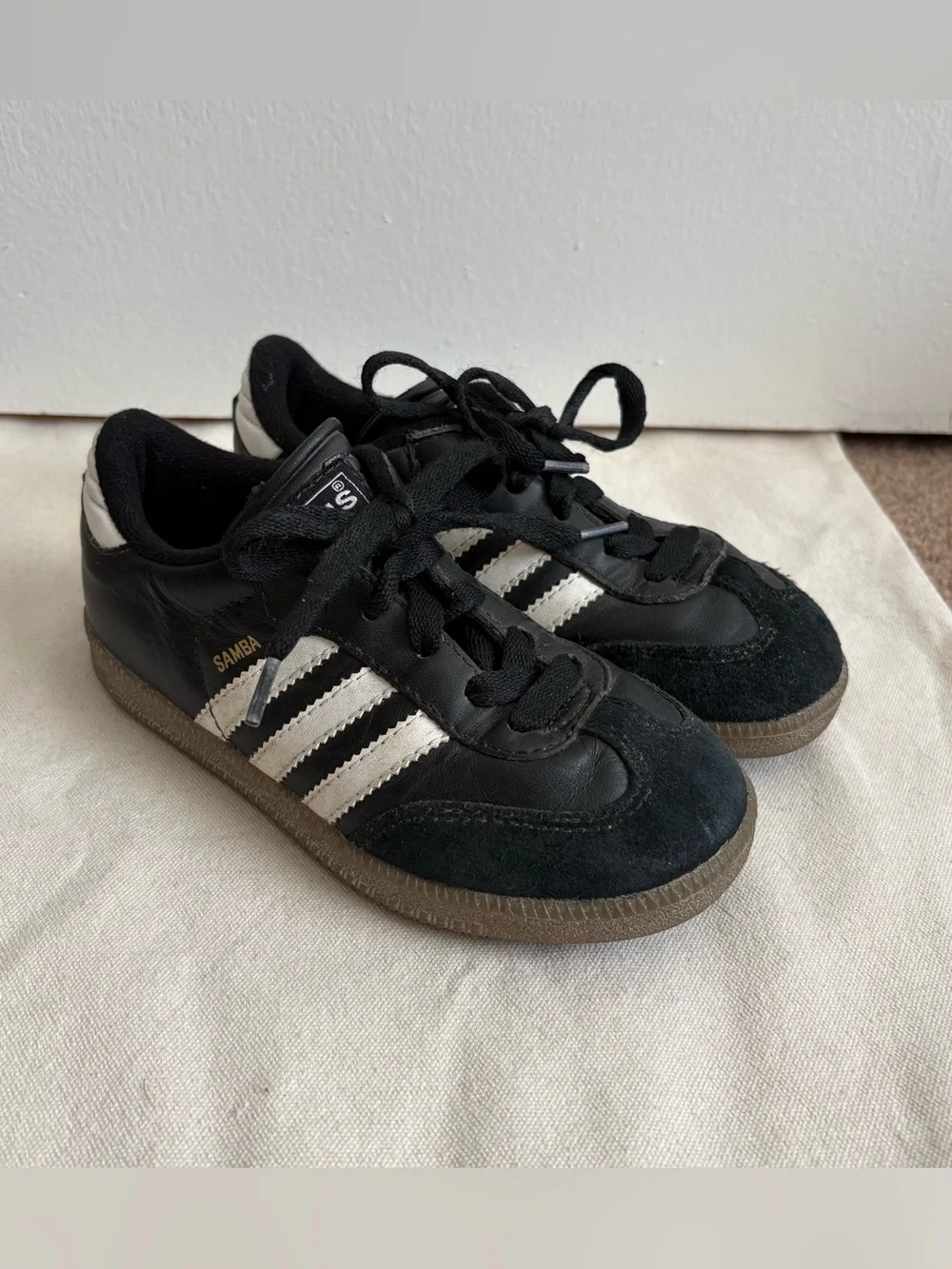 adidas Samba Unisex Kids Leather Lace Up Sneakers Black White US 12K EU 30